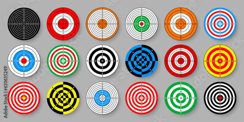 Shooting range paper targets. Round target with divisions, marks and numbers. Archery, gun shooting practise and training, sport competition and hunting. Bullseye and aim. Vector illustration