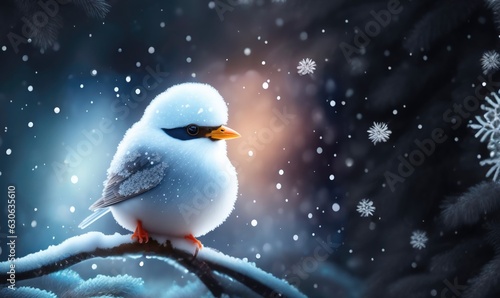 Little cute fluffy white bird in hoarfrost on a branch under the snow in the Christmas park. Bird as a symbol of Christmas and New Year. AI generated.