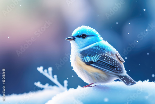 Little cute fluffy white bird in hoarfrost on a branch under the snow in the Christmas park. Bird as a symbol of Christmas and New Year. AI generated.