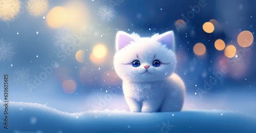 Christmas decoration with a cute white kitten in the snow in a winter park with Christmas lights. AI generated.