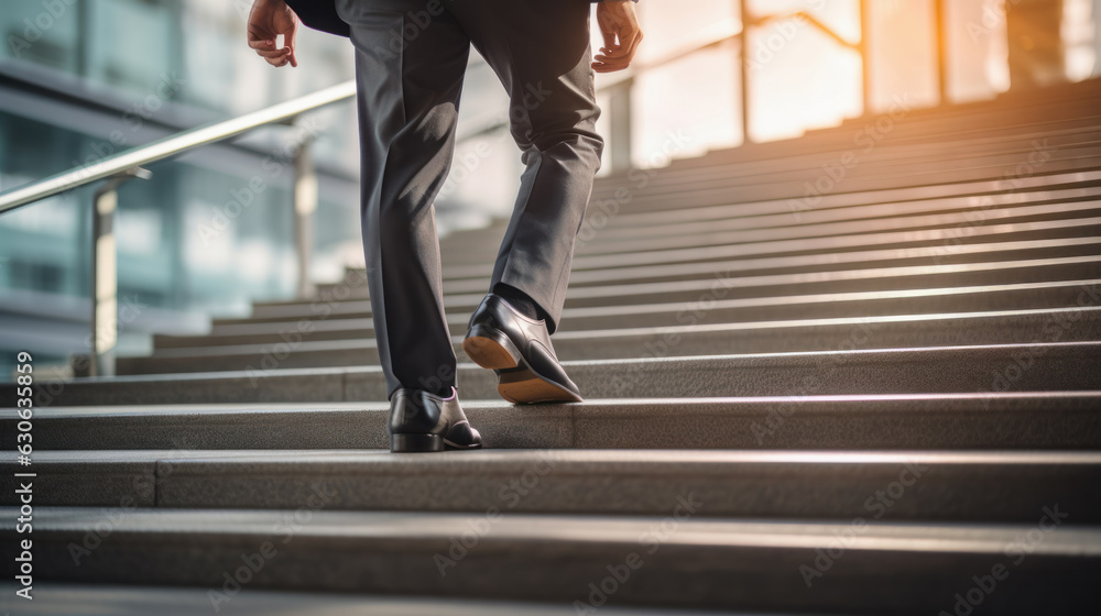 Elegant businessman legs in a suit are stepping up the stairs, Leadership Concept.