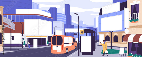 Outdoor billboards, signboards on city street. Blank advertising banners, empty commercial marketing boards, advertisement screens, promotions, signage on building, bus stop. Flat vector illustration