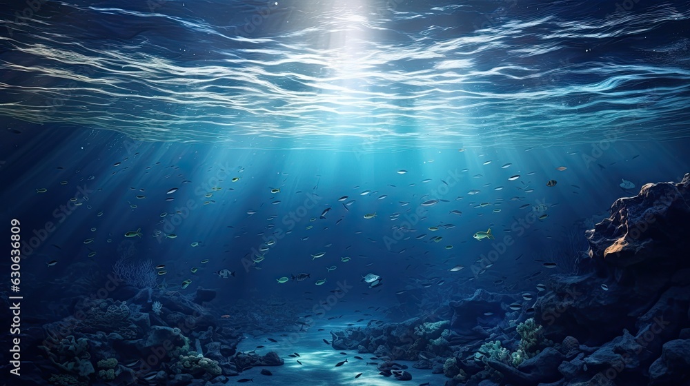 an ocean view with stars, in the style of hyperrealistic marine life, backlight, panorama, intricate underwater worlds, landscape photography, gray and blue, low-angle an ocean view with stars, in the style of hyperrealistic marine life, backlight, panorama, intricate underwater worlds, landscape photography, gray and blue, low-angle
