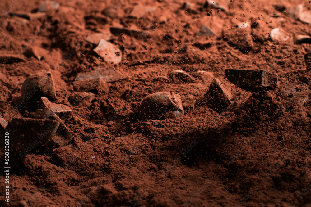 Pieces of chocolate with cocoa flying in the air. Frozen motion of exploding chunks of chocolate and cocoa.