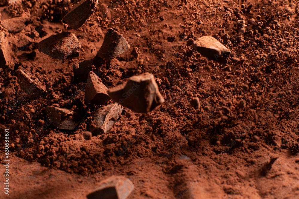 Pieces of chocolate with cocoa flying in the air. Frozen motion of exploding chunks of chocolate and cocoa. Pieces of chocolate with cocoa flying in the air. Frozen motion of exploding chunks of chocolate and cocoa.