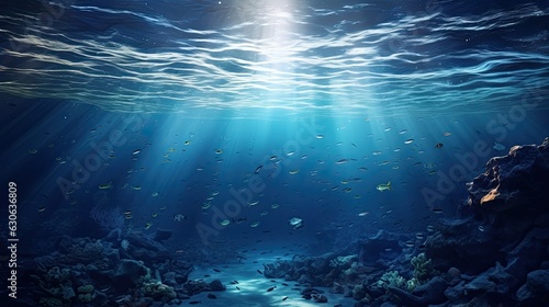 an ocean view with stars, in the style of hyperrealistic marine life, backlight, panorama, intricate underwater worlds, landscape photography, gray and blue, low-angle