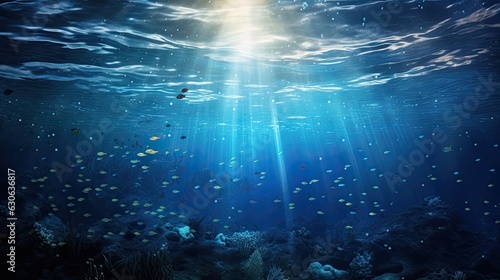 an ocean view with stars, in the style of hyperrealistic marine life, backlight, panorama, intricate underwater worlds, landscape photography, gray and blue, low-angle © EnelEva