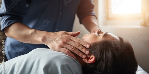 A young man, a chiropractor or osteopath, fixes the back of a lying woman.