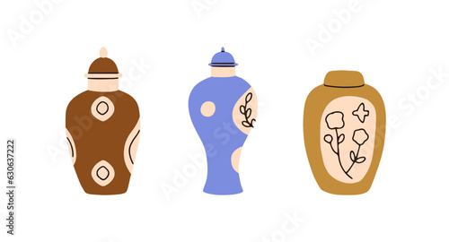 Ceramic pottery, vase, tall pot, jug. Painted porcelain vessels, crockery with lid. Dyed ornamented pitchers designs for liquids. Flat vector illustrations isolated on white background