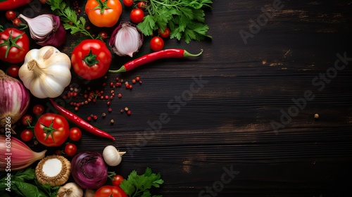 Fresh vegetables, chili, onion, garlic, herbs and spices. On a black wooden background