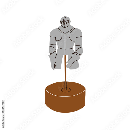 Medieval knight armor, historical steel suit displayed on podium. Metal armour, helmet and protecting iron costume, panoply of history warrior. Flat vector illustration isolated on white background