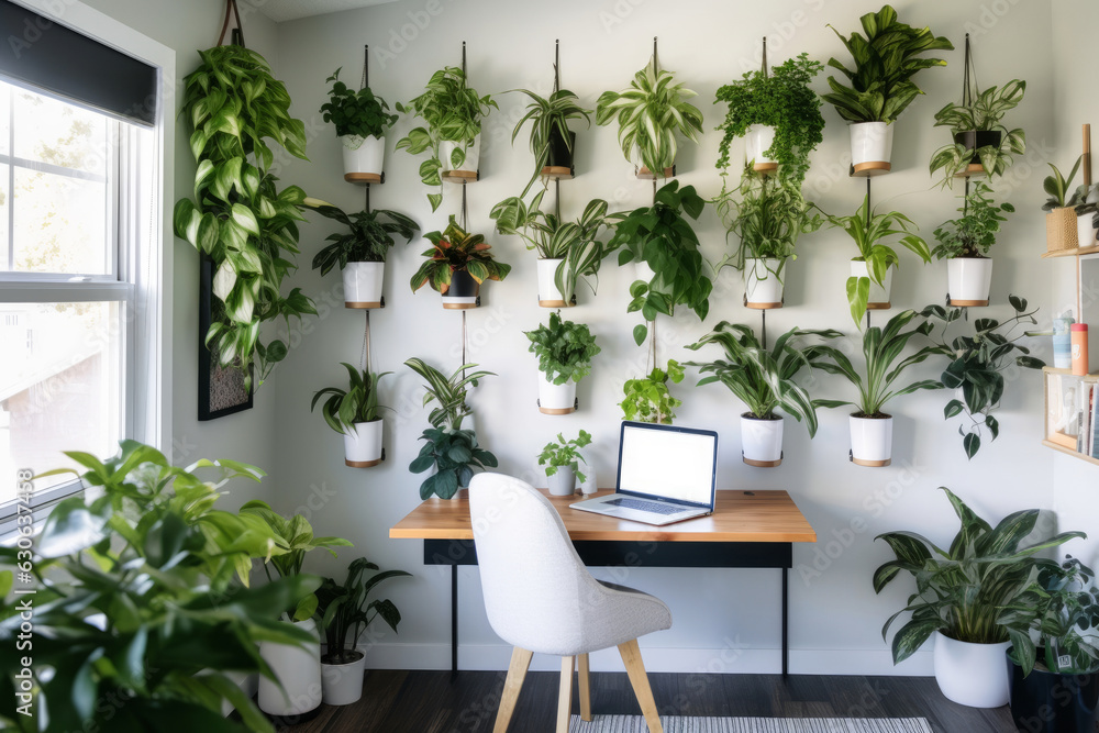 Eco home office with table, comfortable armchair and laptop. Vertical garden - wall design of green plants. Architecture, decor, eco concept