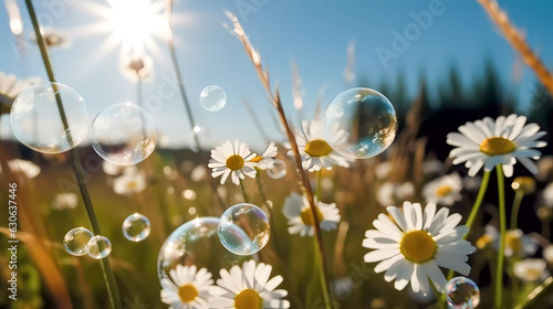 Chamomile flowers with soap bubbles on sunny meadow. Nature background. White daisies and soap bubbles on a green meadow. Generative AI technology.