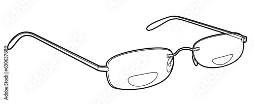 Bifocal Rimless frame glasses fashion accessory illustration. Sunglass 3-4 view for Men, women, silhouette style, flat rim spectacles eyeglasses with lens sketch outline isolated on white background