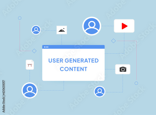 UGC - User-generated content concept. Consumer generated or created by customers crowdsourced content, like text, articles, videos, images, graphics, reviews. Flat design vector illustration