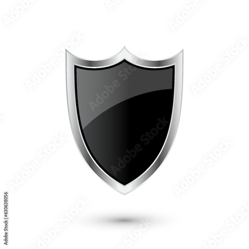 Vintage heraldic 3d shield icon with shiny metal frame. Black protection, security and defence symbol. Medieval design element. Vector illustration