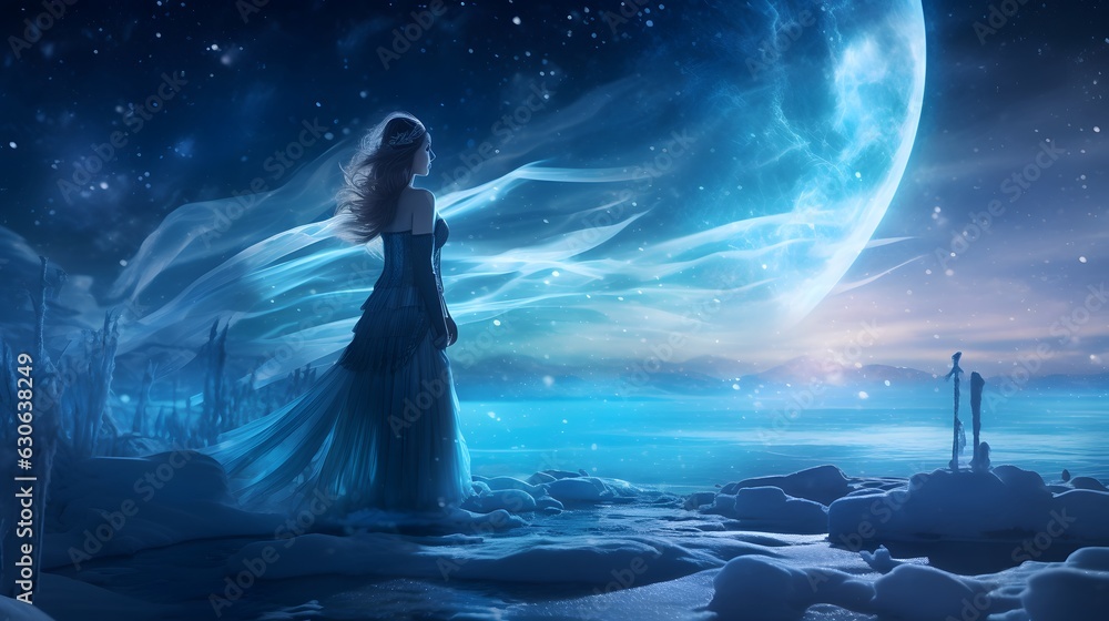 Obraz premium Mysterious moon maiden in a Icy wonderland under the Northern Lights .