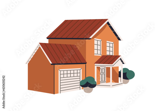 House building exterior. Classic home facade with garage, porch. Two-story property, residential suburban real estate from outdoor, outside. Flat vector illustration isolated on white background