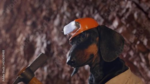 Dachshund dog in orange hardhat with flashlight gets iron ore in mine. Black domestic animal in uniform hits hard rocks with hoe closeup photo