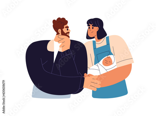 Family with newborn baby. Parents and new born kid. Mother, father holding infant. Happy mom, dad, love couple with child in arms. Parenthood. Flat vector illustration isolated on white background