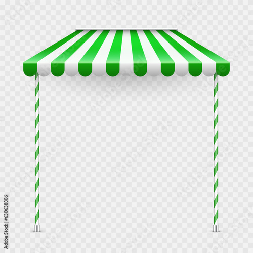 Green shop sunshade with stand holders. Realistic striped cafe awning. Outdoor market tent. Roof canopy. Summer street store. Vector illustration