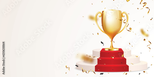 Golden Trophy cup on red round podium with gold confetti