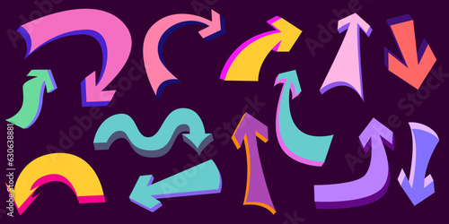 Arrow playful colorful set. Quirky various arrow for kids and funny design. Vector illustration. Playful cool element. Trendy simple illustration.