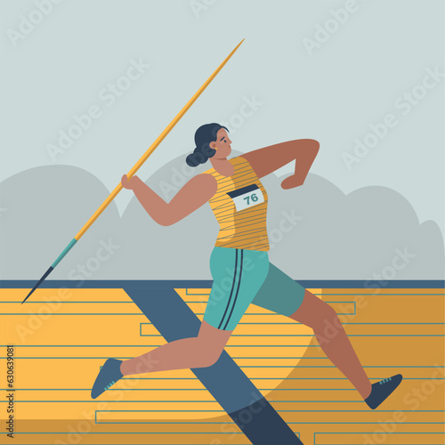 Young sporty girl participates in javelin throw competition. Sports competitions concept. Strong and resilient athlete. Flat vector illustration in cartoon style in yellow and green colors