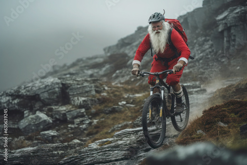 Santa Claus on a bike in the mountains. active pension and sports. merry christmas and new year. 