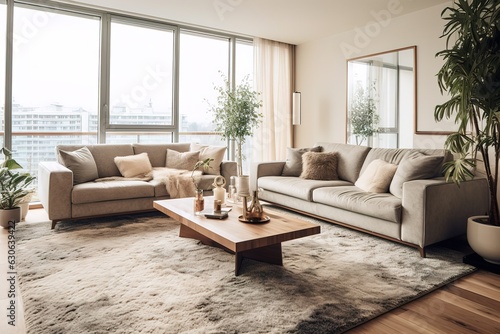 Stylish interior of modern living room with light wall,Generative AI © Azar