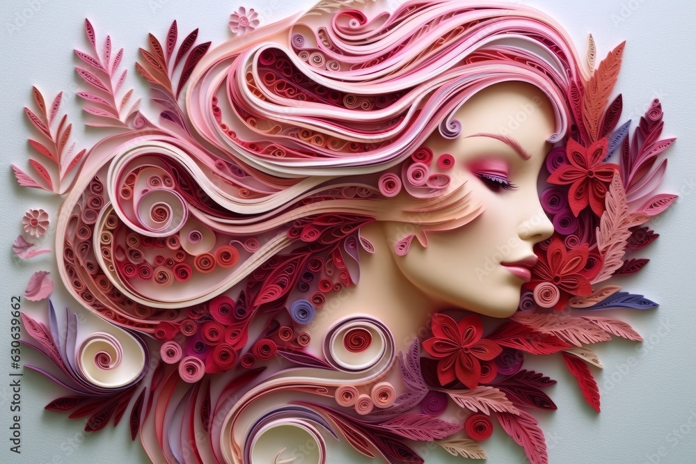 Woman face with flowers in hair in the technique of quilling. Papercraft, hobby concept