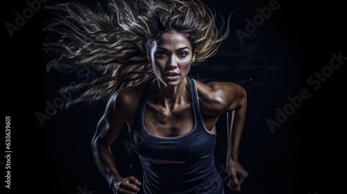 Strong athletic woman running on black background with loose hair.