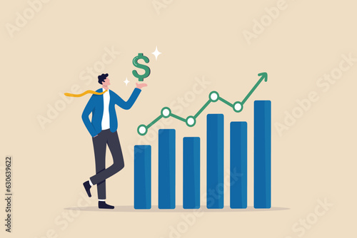 Sales person, marketing or investment professional, earning profit or sale commission money, growth planning or success financial advisor concept, confident businessman hold dollar with growth chart.
