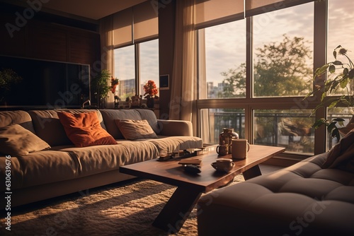 Stylish interior of modern living room with light wall,Generative AI © Azar