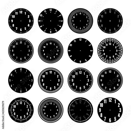 Mechanical clock faces, watch dial with numerals, bezel. Timer or stopwatch element with minute, hour marks and numbers. Blank measuring circle scale with divisions. Vector illustration
