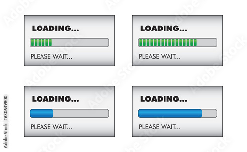 Loading. Loading bar progress icons, load sign in blue and green vector illustration. System software update and upgrade concept.