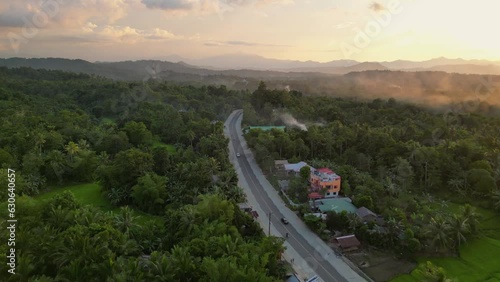 Asphalt road for transports surrounded by tropical trees photo