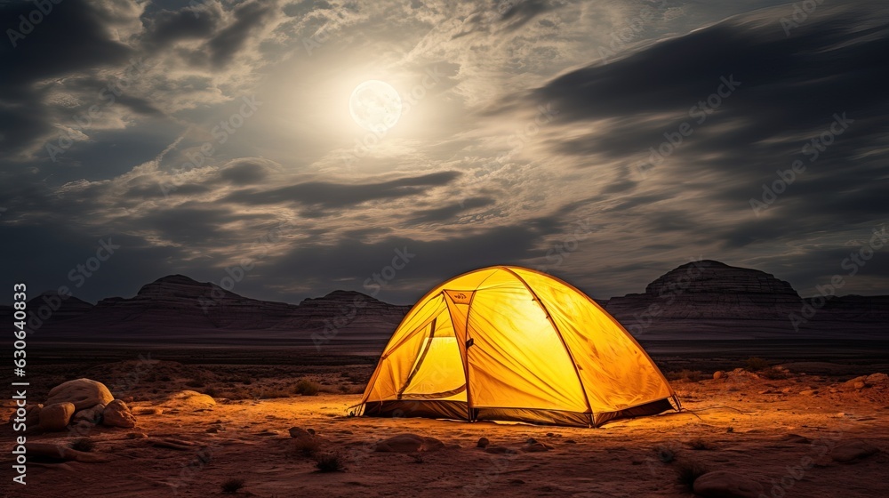 tent with yellow light inside, in the desert at night