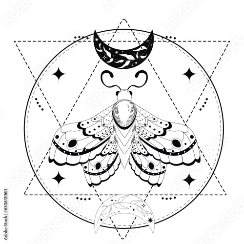 Magic mystic moth in doodle style, line art isolated, boho celestial esoteric symbol, tatoo or print