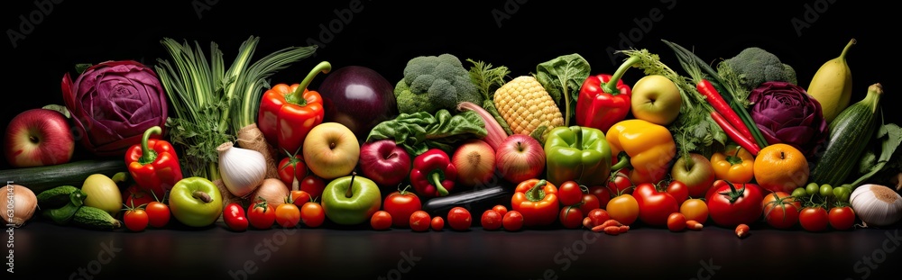 Panoramic photo fruits and vegetables isolated on black background Panoramic photo fruits and vegetables isolated on black background