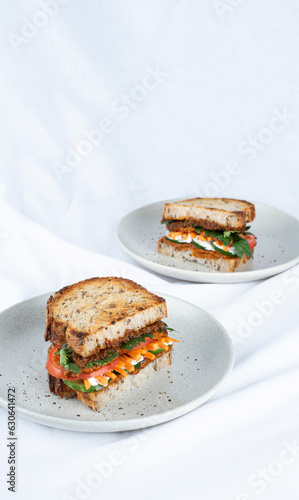Vegan sandwich with carrot, tomatoes and cucumbers