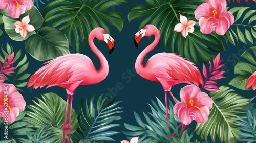 Flamingo tropical floral illustration painting pink green background