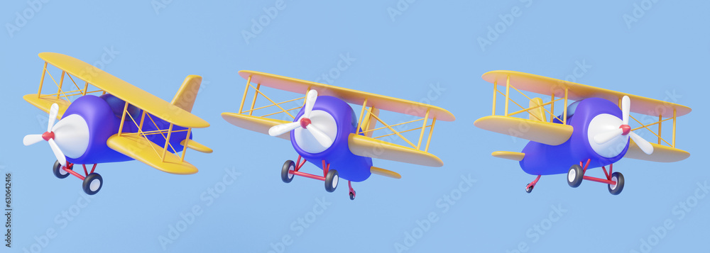 3D set cartoon airplane propeller icon fly worldwide boarding pass leisure touring holiday summer vacation concept. air ticket Travel tourism plane trip planning world tour. 3d render illustration - obrazy, fototapety, plakaty 