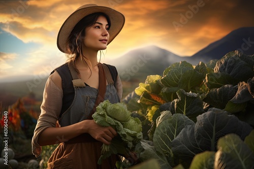 Harvest time. A young woman is working in the garden. She takes care of the ripening cabbage. photo