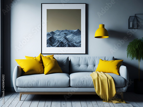 Blank white canvas picture mockup, Home interior poster mock up with horizontal metal frame, white wall background. 3D rendering.