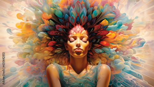 Portrait of a Mindfull Woman. Colorful Digital Art. Peace of Mind. Generative AI. 