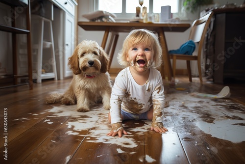 a playful hyperactive cute blond toddler child and a dog misbehaving and making a huge mess in a living-room, throwing around things and shredding paper. Studio light. Generative AI technology