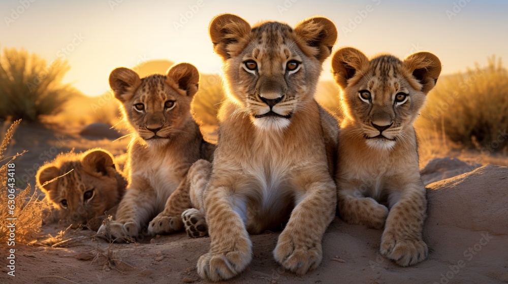 a grounp of young small teenage lions curiously looking straight into the camera, ultra wide angle lens. Generative AI technology - obrazy, fototapety, plakaty 