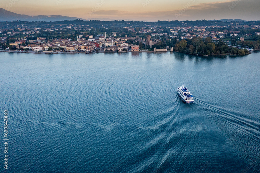 Naklejka premium Aerial view, Italy, Province of Verona, Lake Garda, Lazise with the historic old town