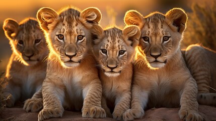 a group of young small teenage lions curiously looking straight into the camera, golden hour photo, ultra wide angle lens. 